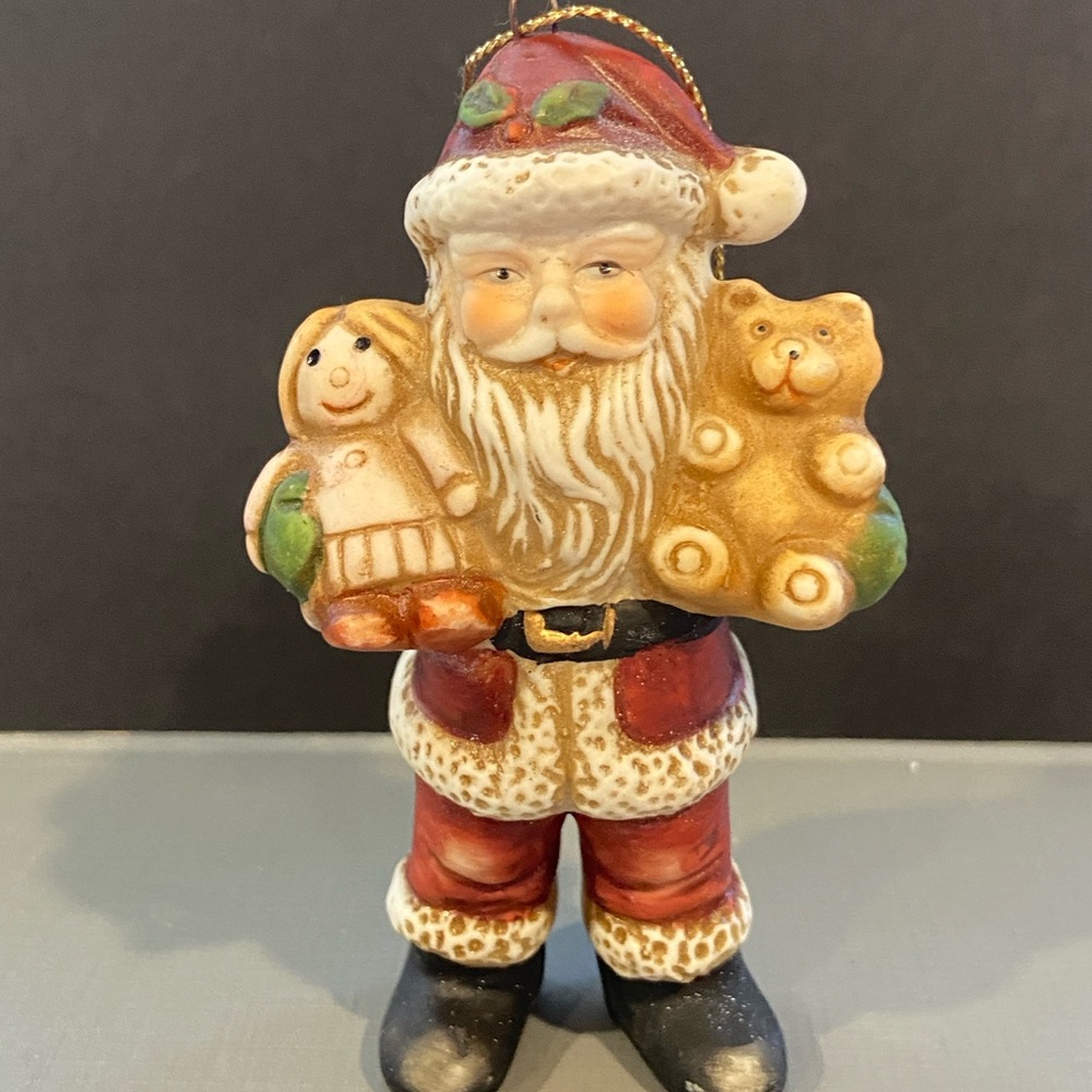 Vintage Flambro Taiwan R.O.C. Santa Ornament ~ Santa with Doll & Teddy Bear